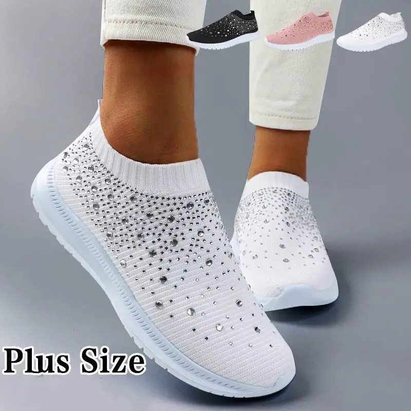 

Vulcanized Sock Shoes Women Trainers Knitted Sneakers Ladies Slip-on Sparkly Crystal Zapatillas Mujer Casual Plus Size 43