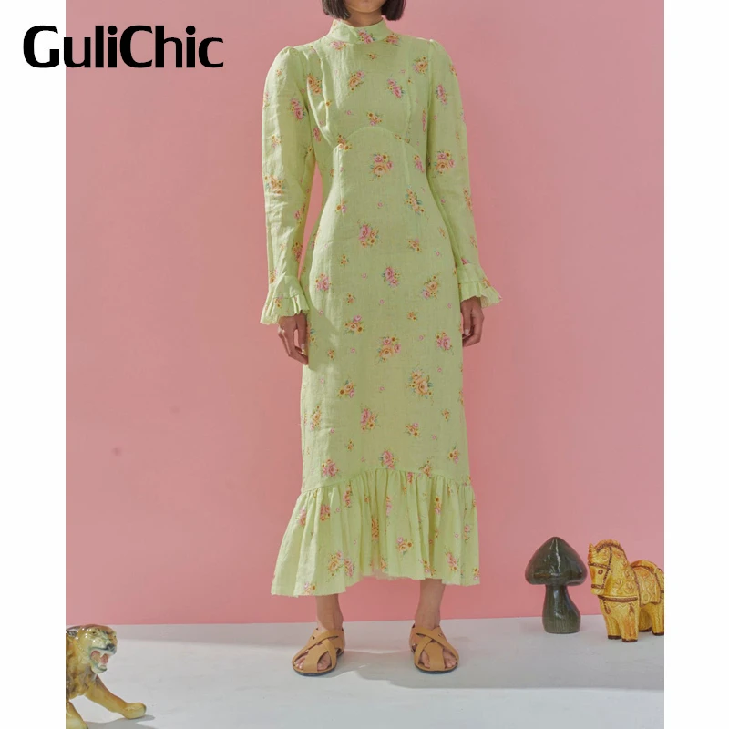 

8.2 GuliChic Women Fashion Sweet Floral Print Collect Waist Linen Flared Sleeve Long Trumpet / Mermaid Dress