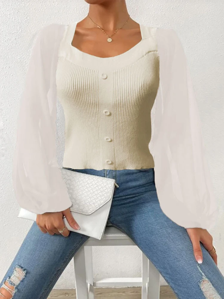 

Элегантный женский вязаный лоскутный Топ пуловер шикарная на пуговицах облегающая женская офисная рубашка новая весенняя прозрачная сетч...