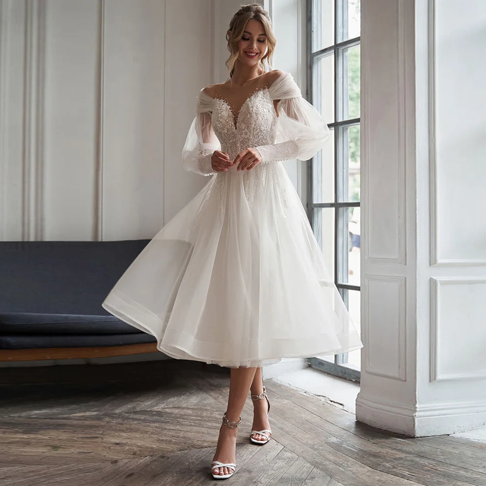 

Vintage Off-The-Shoulder Short Wedding Dresses Sweetheart Puffy Sleeve Illusion A-Line Bridal Gowns Vestidos De Novia 2023