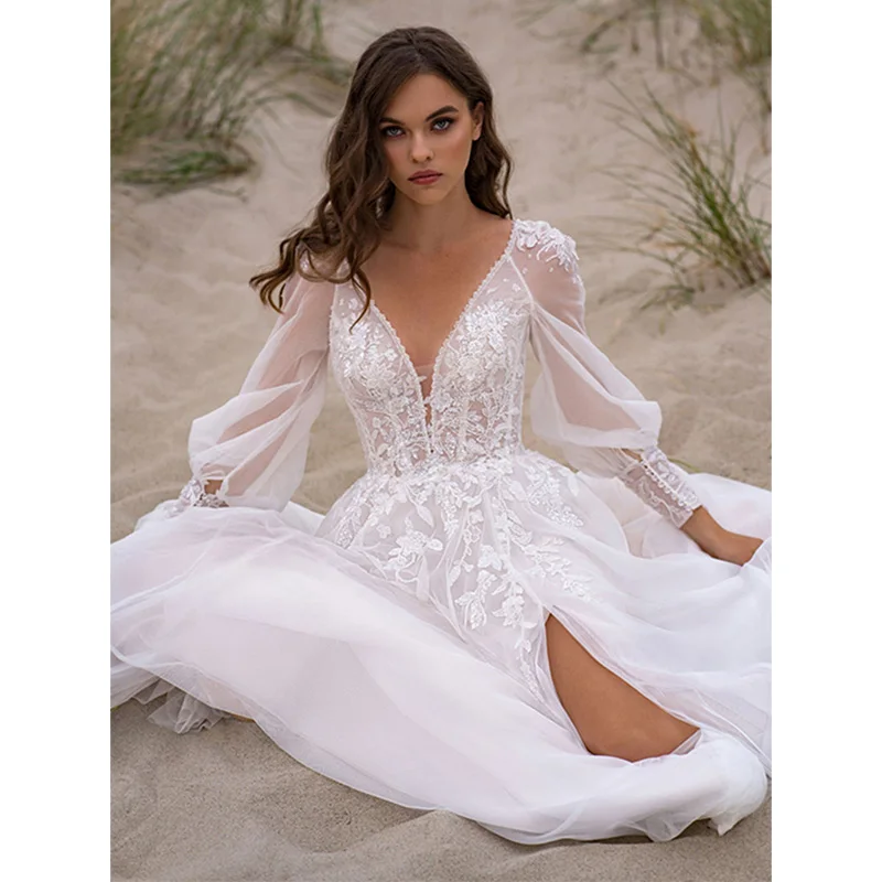 

Sexy Wedding Dress Long Puff Sleeves Deep V-Neck Lace Applique Bridal Gown Backless High Side Slit Tulle Train Robe De Mariée