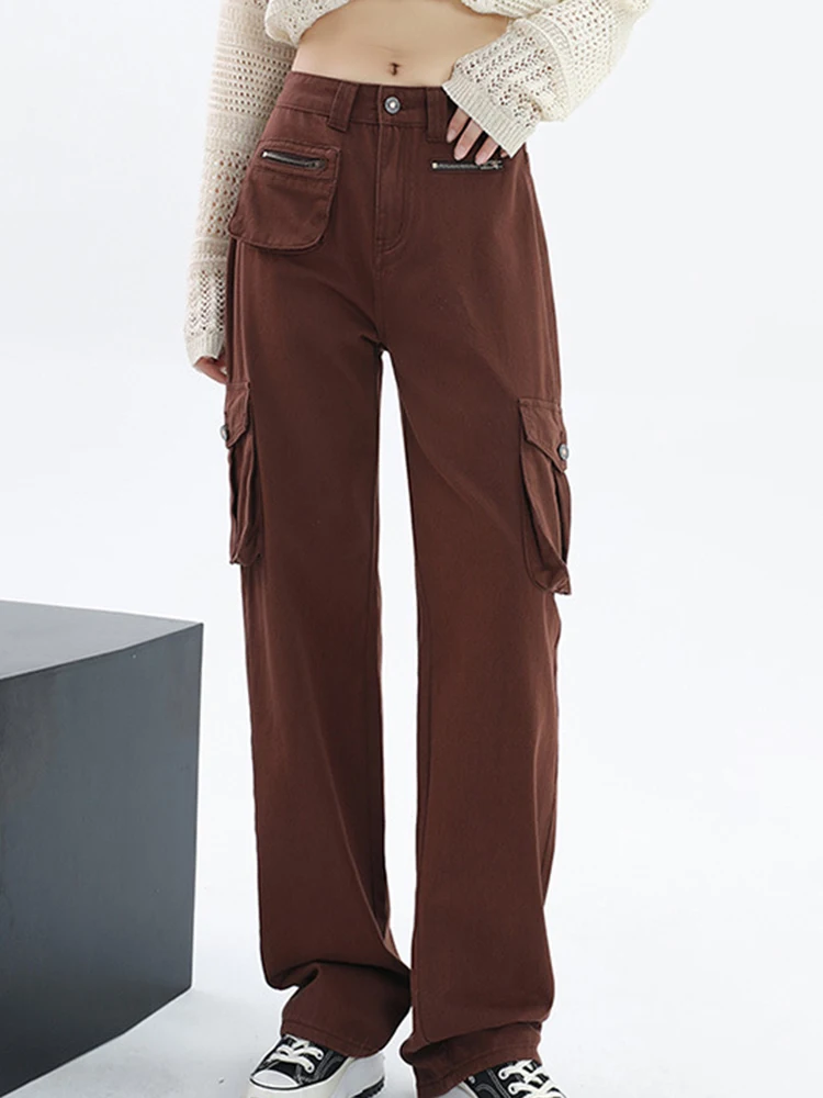 

Brown Women's Vintage Cargo Pants High Waist Pocket Hip Hop Baggy Wide Leg Straight Jean Pant Casual Mopping Denim Trousers 2022