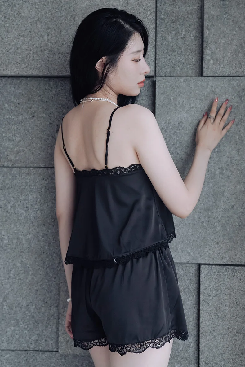 Summer pajamas women's sleepwear breathable sweet and lovely underwear satin solid color sling ice silk homewear suit