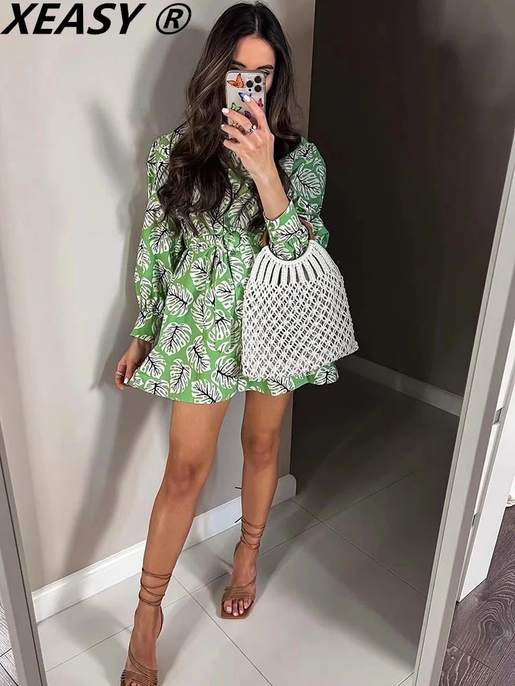 

XEASY Summer Dresses For Women 2022 Shirt Casual Dress Mini Women's Clothing Vintage Long Sleeve Dress Female Print