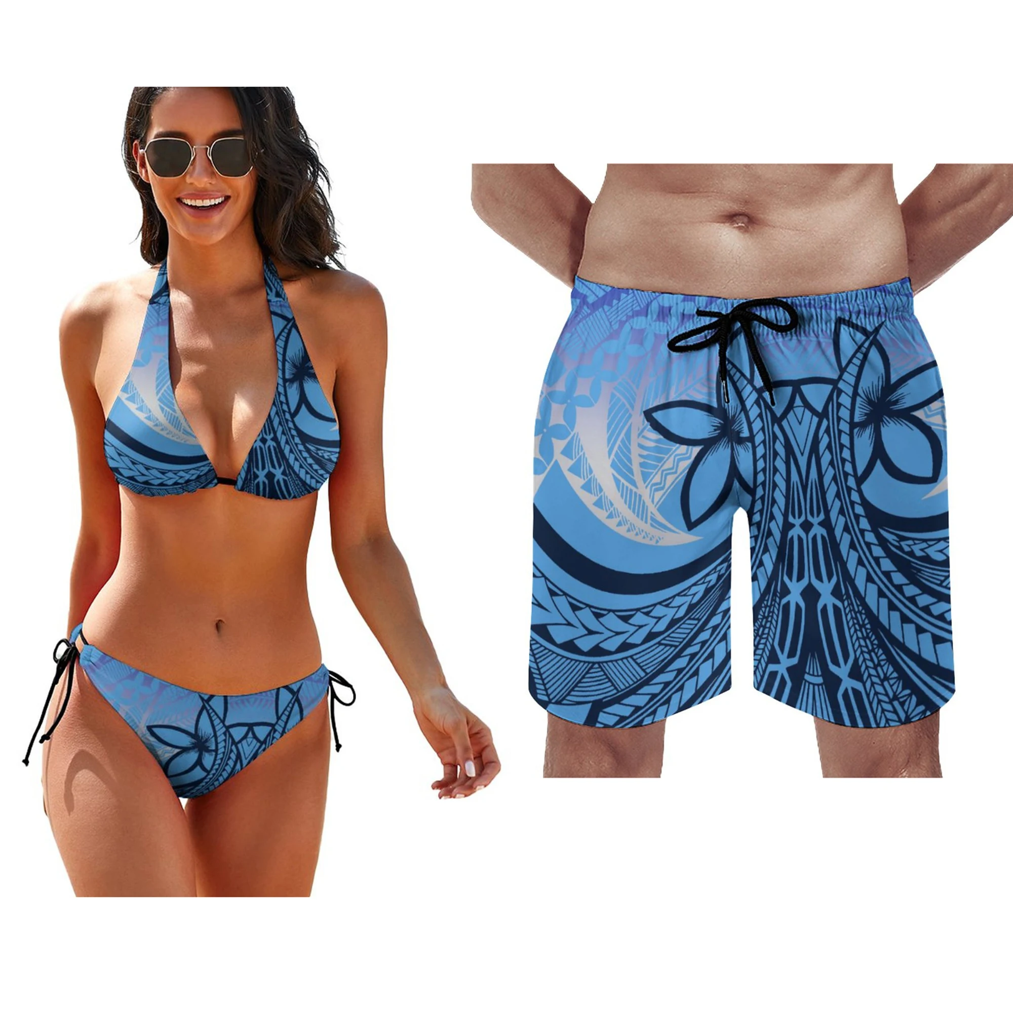 

Летний Пляжный Гавайский стиль, набор для пар, полинезийский художественный узор, индивидуальные купальники, женские бикини, мужские шорты