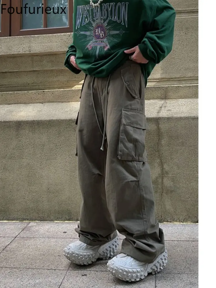 

Винтажный комбинезон foufurious для мужчин и женщин, свободные широкие штаны на шнуровке в стиле хип-хоп, модные повседневные брюки с большими ка...