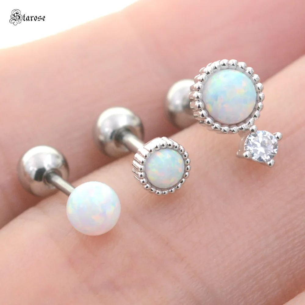 Серьги-гвоздики из хирургической стали с белым опалом 18/20 г