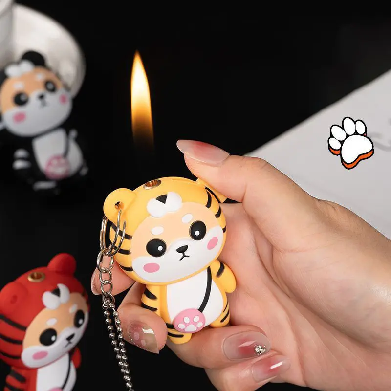 

3D Little Tiger Lighter Cute Animal Doll Open Flame Butane Gas Cigarette Lighter For Boy's Gift Support Wholesale
