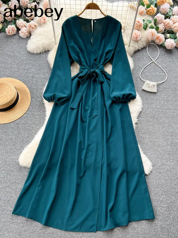 

Elegant Party Sundress Vintage Summer Long Sleeve Solid Dress Women Spring Vestidos Casual Maxi Long Dresses