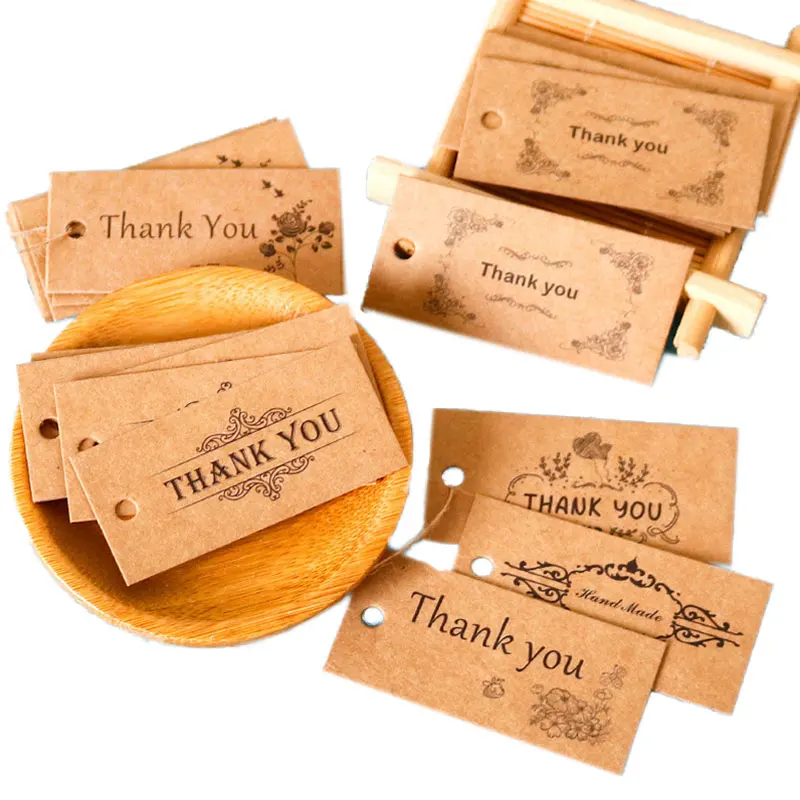 

50pcs 5.8x2.7cm Kraft Paper Gift Tag Thank you Labels for DIY Party Gift Packing Mini Decoration Hang Tags Jeweley Display Cards
