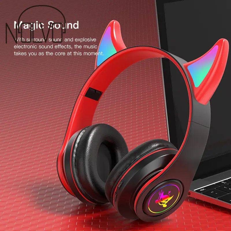 

Wireless Bluetooth With Mic For Kids Child Wireless Headset Gamer Support TF Card Devil TWS Gaming Earphone Over-ear Headphone
