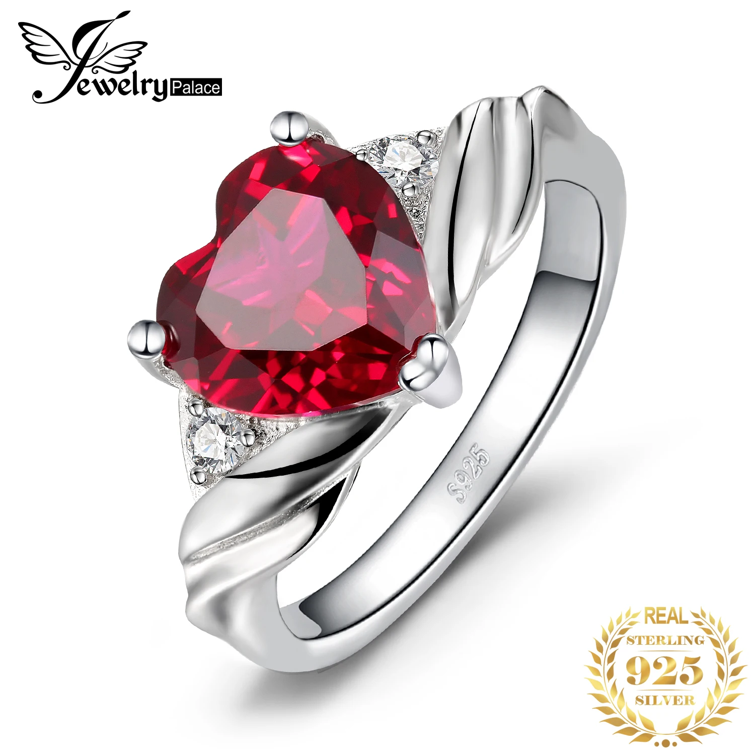 

JewelryPalace Love Heart 3.6ct Created Ruby 3 Stone 925 Sterling Silver Ring for Woman Fashion Trendy Gemstone Gift Fine Jewelry