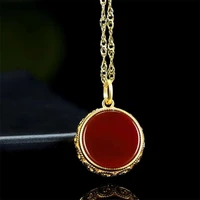 hot selling natural hand carved jade inlay gold color 24k red round necklace pendant fashion jewelry men women luck gifts