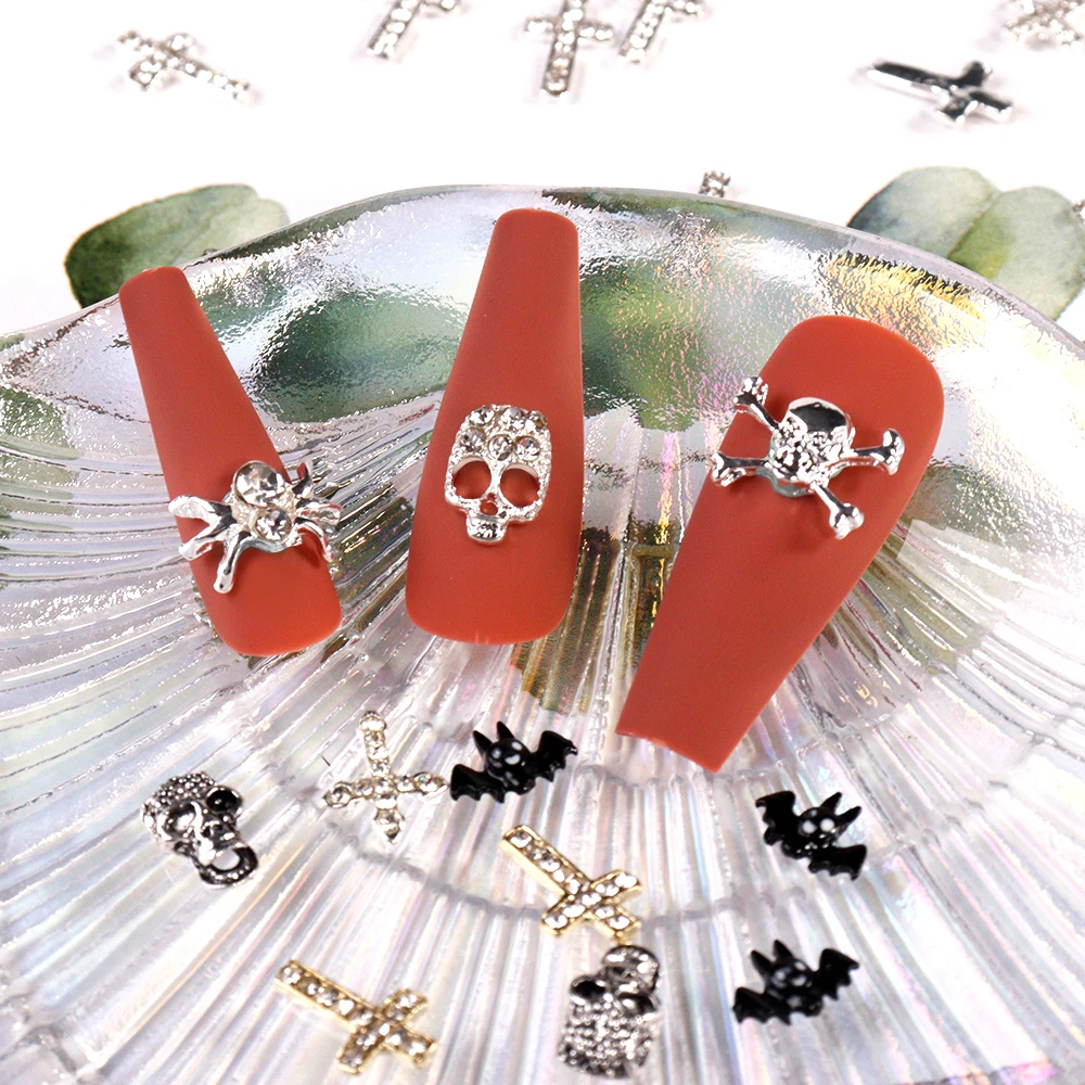 

10 шт. 3D крест череп летучая мышь Кристалл Стразы Шарм для ногтей сплав Циркон Хэллоуин украшение для ногтей искусство Искусство инструмент ...