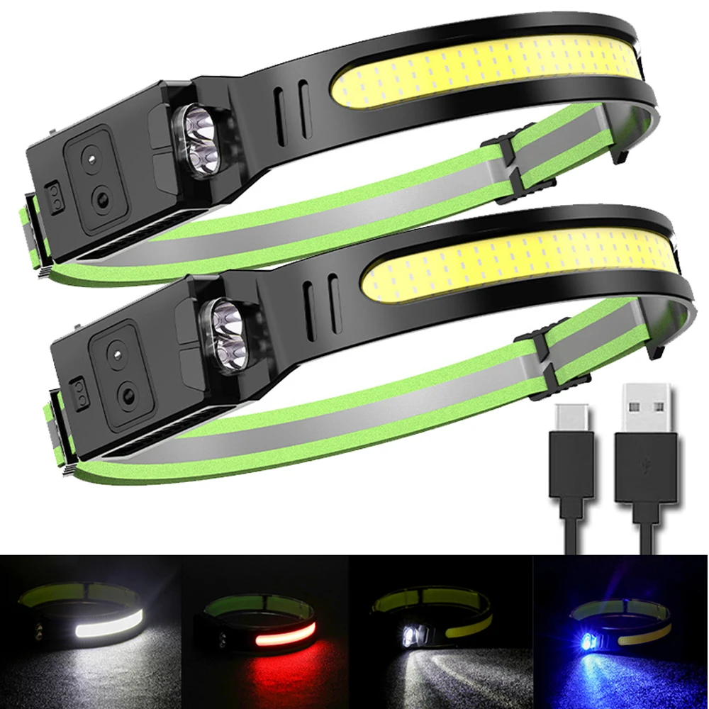 8000Lumens Newest COB LED Headlamp USB Rechargeable Head Lamp Full Vision Sensor Headlight with Built-in Battery Fishing Light