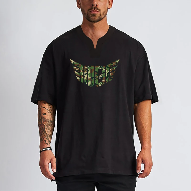 

Футболка мужская хлопковая с V-образным вырезом, оверсайз топ с коротким рукавом для фитнеса, свободная сетчатая одежда для спортзала, бодиб...