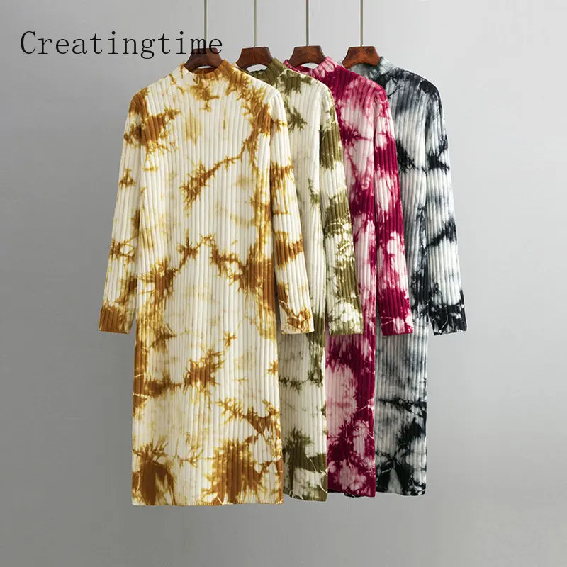 

Casual Tie-dye Knitted Dress For Women 2022 Autumn Winter New Knee-length Half Turtleneck Long Sleeve Midi Sweaters Dress 1A252