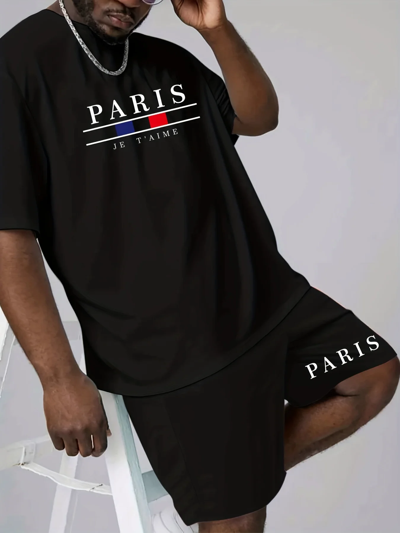 2023 Plus Size Men's Trendy Paris Letters Print T-shirt Shorts Set, Casual Graphic 2PCS Outfits For Summer Sports