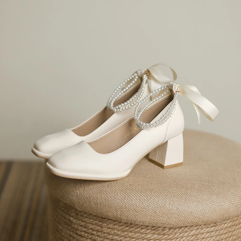 

Casual Heels Retro Women Shoes Square Toe Slip On Branded Pumps Mary Jane Chunky Sandals 2022 Footwear Lace-Up Sweet Comfortable