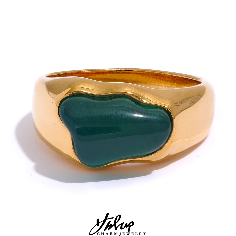 

Yhpup Tarnish Free Vintage 4 Colors Green White Resin Geometric Stainless Steel Texture Ring for Women Stylish Metal Jewelry New
