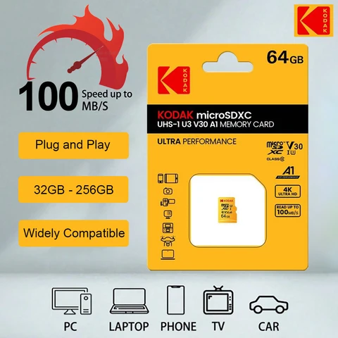 Оригинальная Карта Памяти KODAK MicroSD 64 ГБ 32 ГБ C10 TF Micro SD SDXC 128 ГБ 256 ГБ 512 ГБ U3 V30 4K Память Для Телефона
