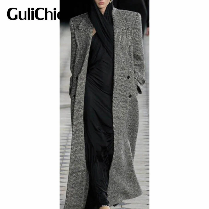 10 26 GuliChic 2024 осенне-зимнее классическое длинное шерстяное пальто с узором елочка