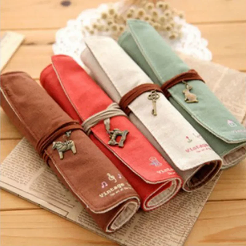 

Retro Canvas Roll-up Pencil Bag Casual Pen Pencil Portable Storage Bag Student Stationery Holder School Office Supplies