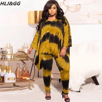 hljgg fall winter tie dye print two piece set women v neck loose topsskinny pants tracksuits plus size casual 2pcs outfit 5xl