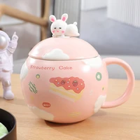cartoon relief 3d rabbit ceramic mug with lid spoon high quality cute spherical bottle office home coffee milk breakfast tumbler
