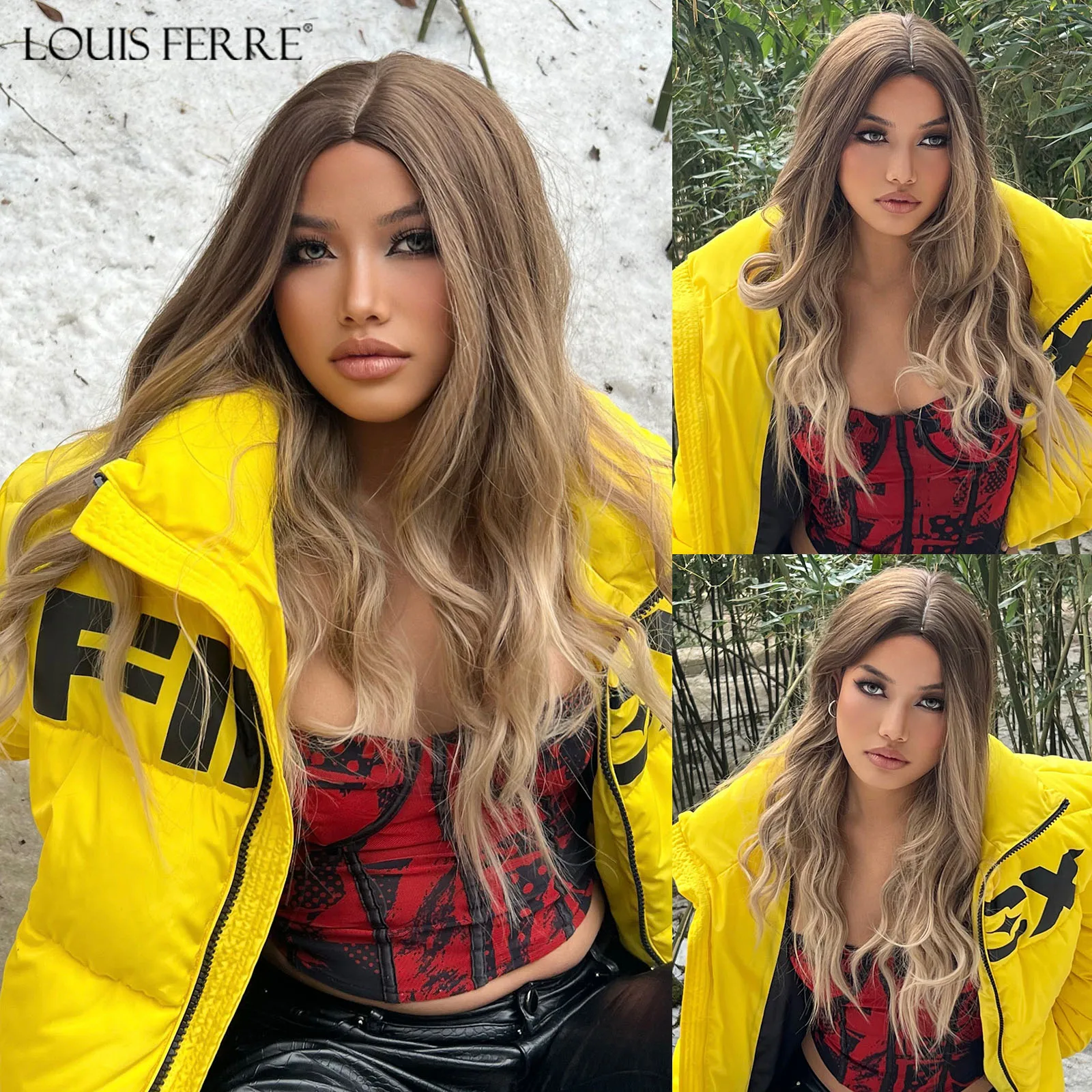 

LOUIS FERRE Brown Ombre Synthetic Wig Middle Parted Long Wavy Wig for Black Women Heat Resistant Daily Cosplay Natural Hair Wigs