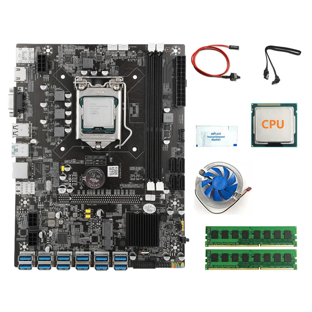 

B75 12 PCIE/USB3.0 BTC Miner Motherboard+CPU+2X4G DDR3 RAM+Fan+Thermal Grease+SATA Cable+Switch Cable LGA1155 DDR3 MSATA