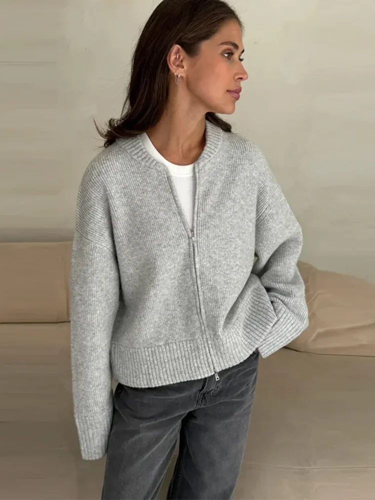 Женская модная вязаная куртка на молнии элегантный однотонный повседневный