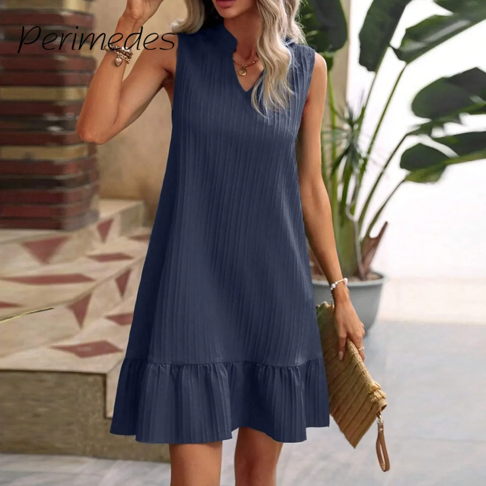 Новое летнее платье для женщин однотонное без рукавов с рюшами текстурическое