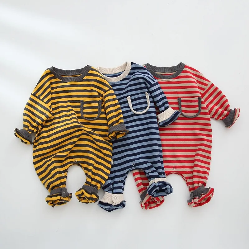 

Baby home clothes 2022 spring and autumn boys and girls striped long-sleeved rompers baby cotton sweat-absorbing romper
