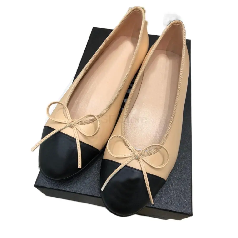 Luxury Brand Design Round Toe Bow Ballet Flat Shoes Women Genuine Leather Professional Low Heels Casual CC Shoes Zapatos Mujer