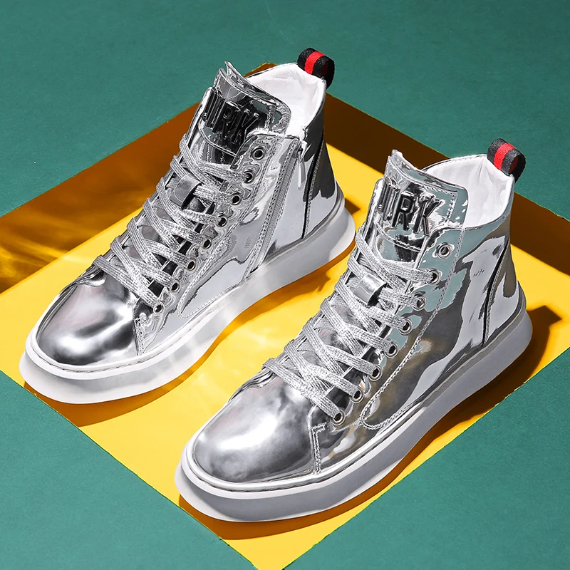 

Original Casual Brand Men Shoe Patent Leather Gold Silver Fashion Shoes for Man Thick Bottom Male Sneakers High Top Walking Shoe