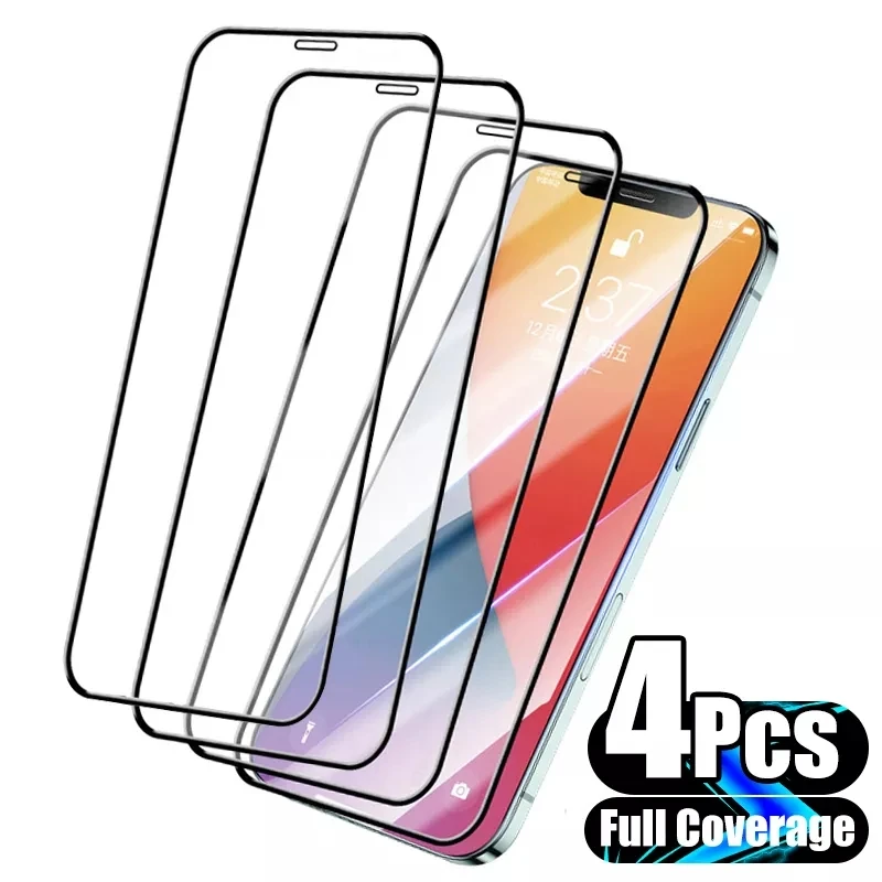 

4Pcs Full Cover Protective Glass On For iPhone 13 12 11 Pro Max Screen Protector For iPhone XR Xs Max 6 7 8 Plus Tempered Glass