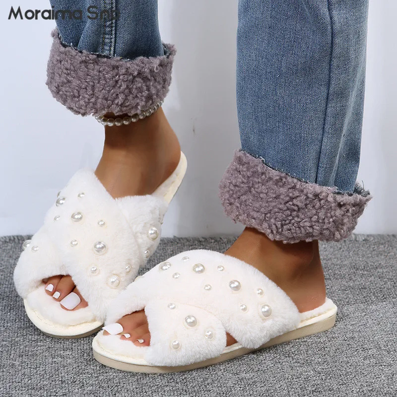 Black Fur Cross Strap Slippers New Open Toe Flat Bottom Pearl Fur Slippers Multi-Color Casual Fashion Plus Size Women's Shoes