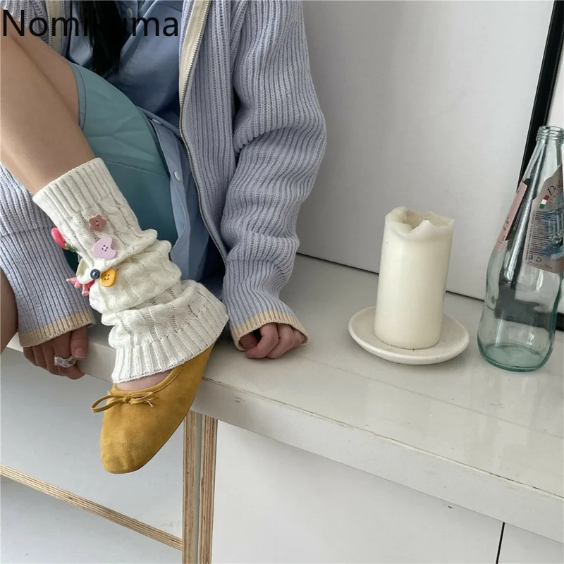 Cute Japanese Candy Color Leg Socks Korean Accessories Y2K Handmade Button Leg Warmers Cover Knitted Warm Pile Socks Kawaii