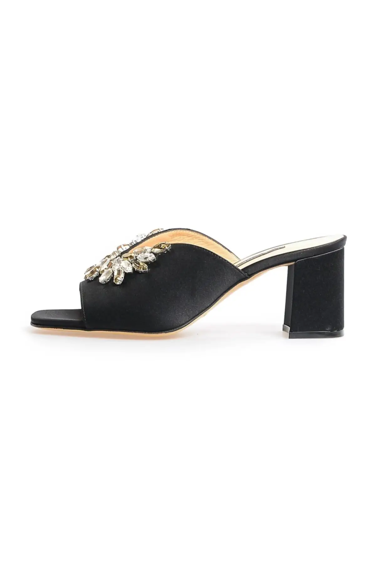 

Black satin stone thick heels slippers