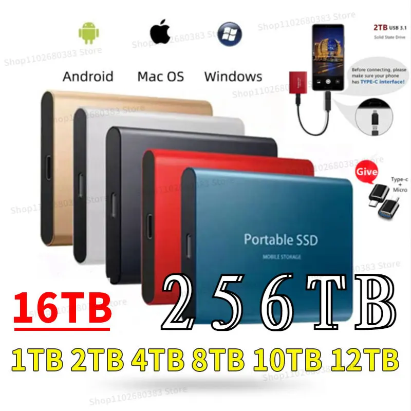 

Портативный внешний Твердотельный накопитель 256 ТБ SSD, жесткие диски USB 3,1 16 Тб 32 ТБ, высокоскоростной жесткий диск для ноутбука/mac/Android