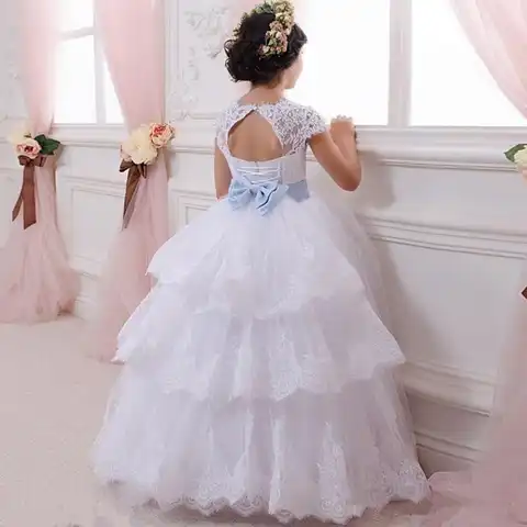 Нарядное детское платье небесно-голубого цвета с цветочным поясом, платья для девочек на свадьбу, Многоярусное кружевное Тюлевое платье дл...