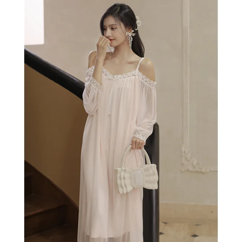 Women Off Shoulder Temperament Nightdress Ruffles Chic Dresses Lovely Girls Sleepwear Korean Long Sleeve Gowns Lolita Night Wear
