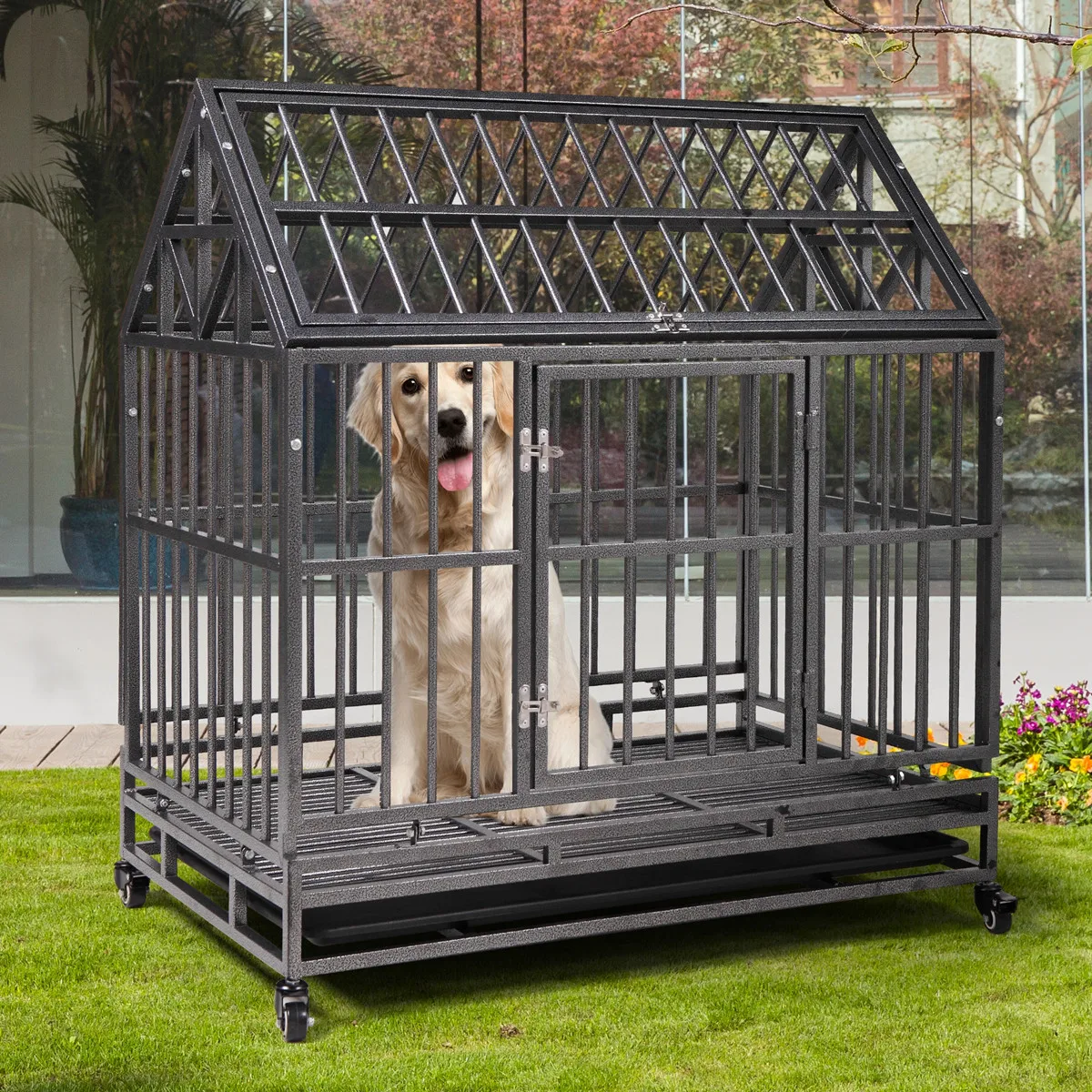 

37"L x 41"H Heavy Duty Metal Dog Kennel Cage Crate with 4 Universal Wheels, Openable Pointed Top and Front Door, Black