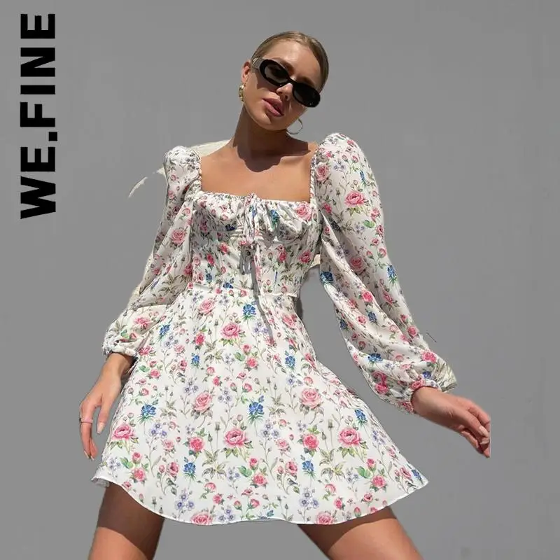 

We.Fine Fashion Chic Sweet Dress Long Sleeve Ruched Print A Line Square Neck Tie up Mini Dress Elastic Elegant Female Vestidos