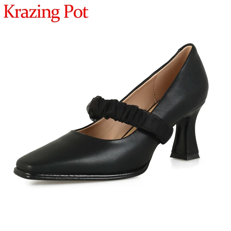 

Krazing Pot Sheep Split Leather Square Toe High Heels Pleated Luxury European Style Young Lady Daily Wear Basic Women Pumps L63