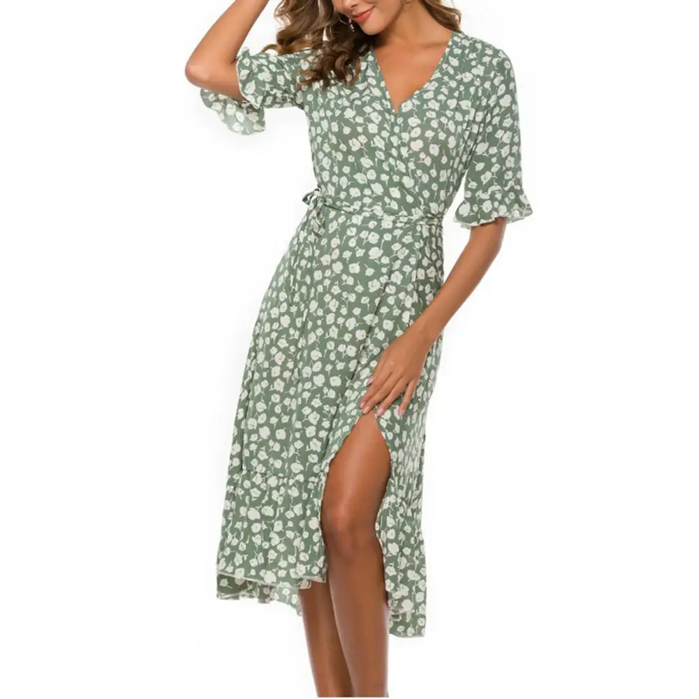 

Quick Drying Split Hem Women Summer Ruffle Short Sleeve Midi Dress Female Clothing