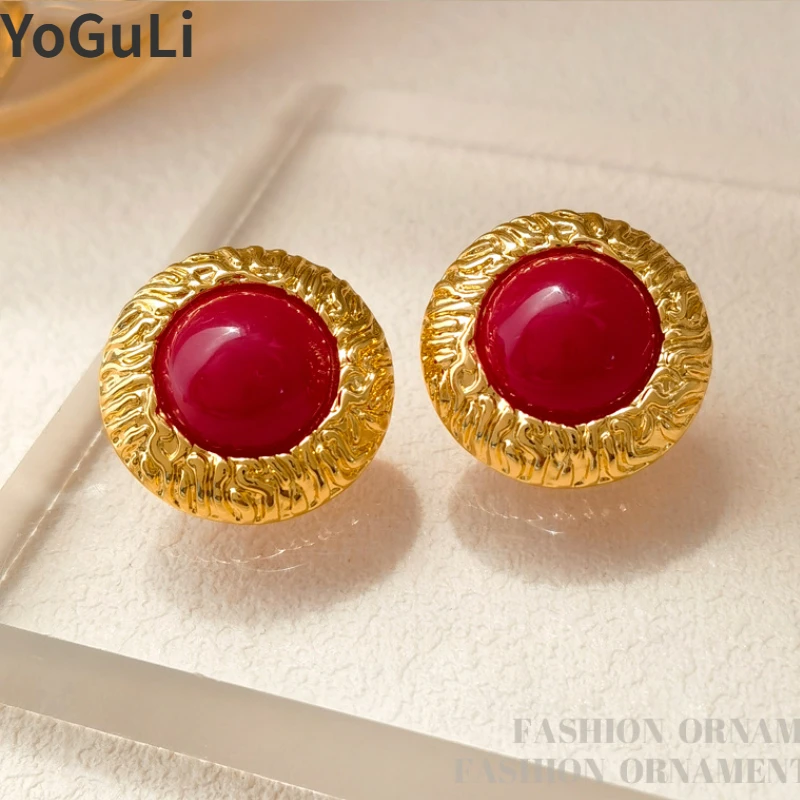 

Retro Jewelry 925 Silver Needle Popular Style High Quality Brass Round Red Resin Stud Earrings For Women Female Party Gift