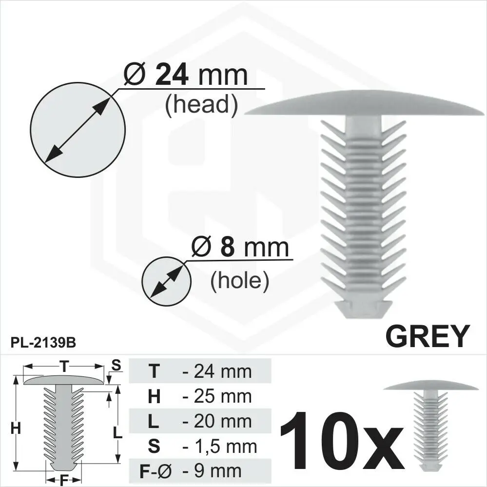 

10 x Grey Plastic Fir Tree Trim Clips 8mm Hole, 24mm Head Car Interior Fixings