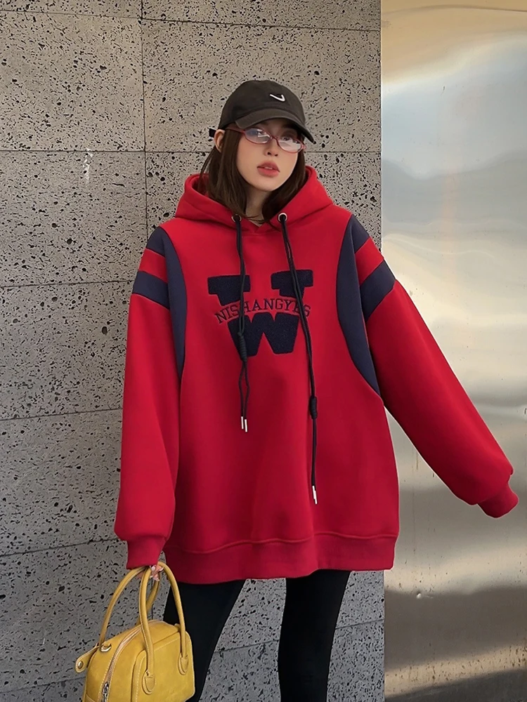 Женский свитер с капюшоном большого размера в стиле пэчворк зима 2024 теплый флис